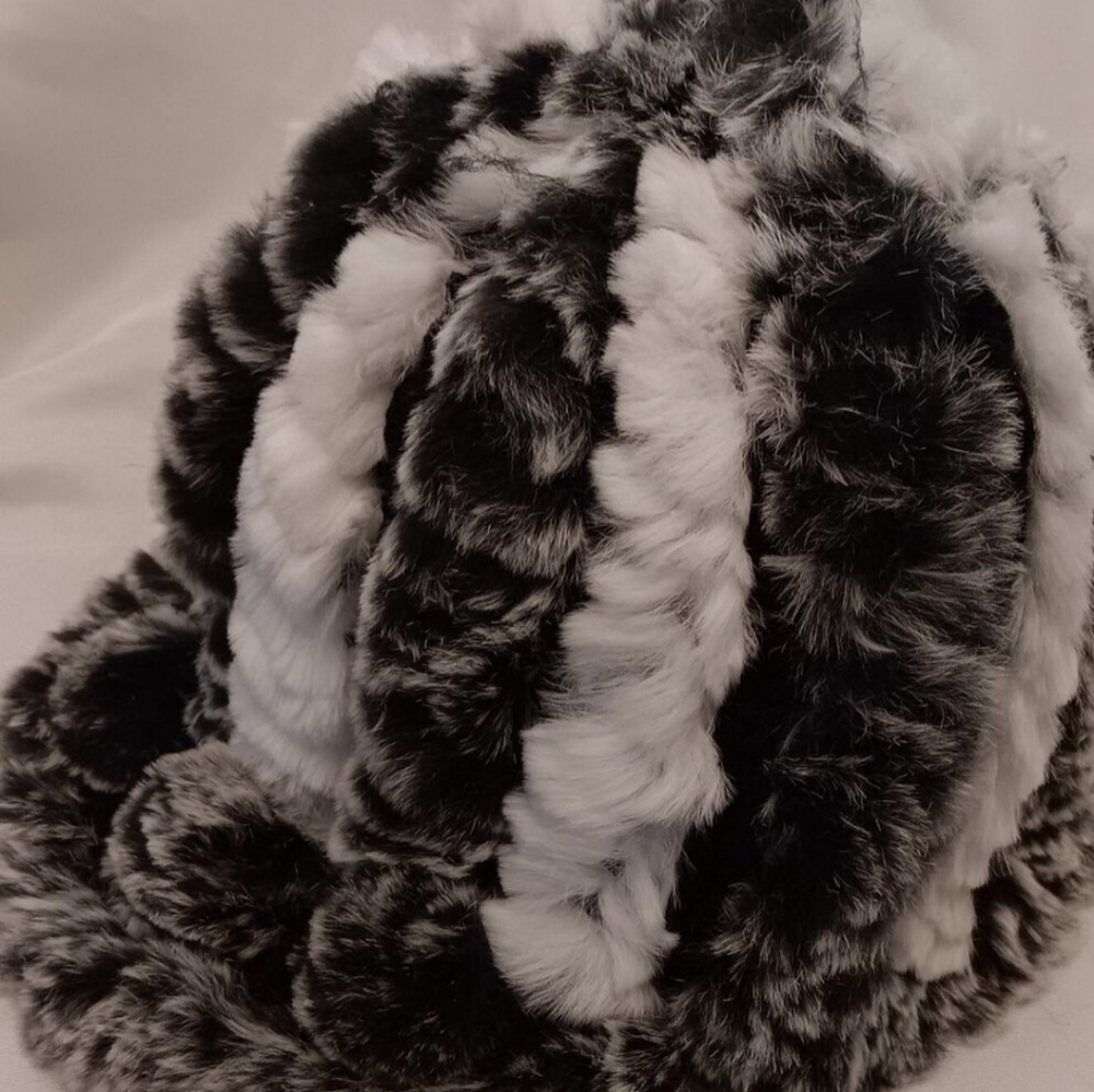 Grey, black & White Rabbit Fur Crochet Cap style hat One Size.